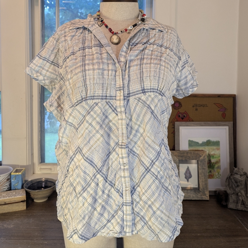 Faded Glory Blue and White Plaid Blouse